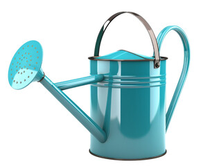 A blue metal watering can with a long spout and handle, perfect for gardening and watering plants, isolated on a transparent background.