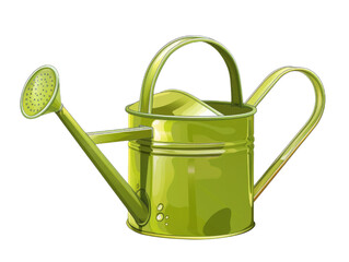 Green metal watering can with a long spout and handle, isolated on transparent background, ideal for gardening and plant care visuals.
