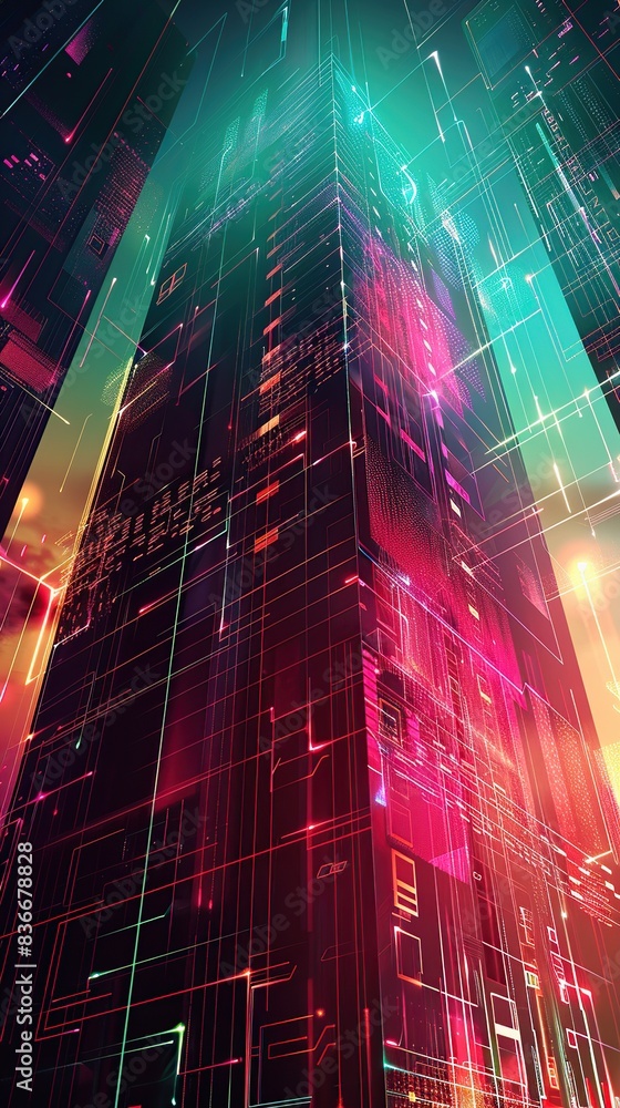 Poster futuristic tall building with virtual network waves for business network connection technology backg