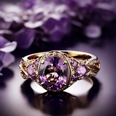 A stunning ring design adorned with a bright purple gemstone glimmering in the light