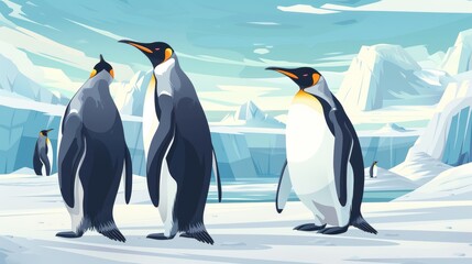 Adorable penguin illustration with breathtaking Antarctic scenery backdrop