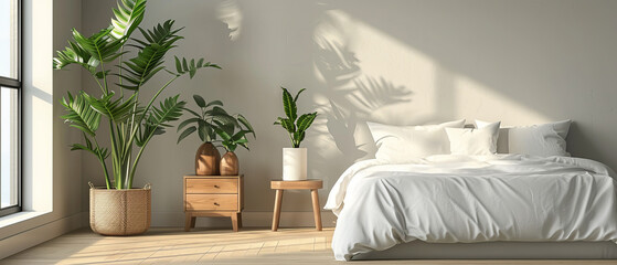 Serene Minimalistic Bedroom with White Bed, Wooden Nightstand, and Light Grey Wall for Relaxing Ambiance