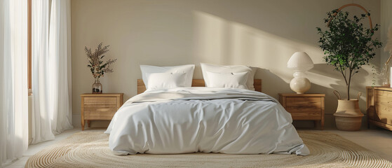 Serene Bedroom with White Bed, Wooden Nightstand, and Light Grey Wall for a Calm Ambiance