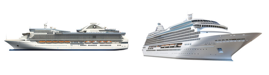 Side View of Cruise Ship Set Isolated on Transparent or White Background, PNG