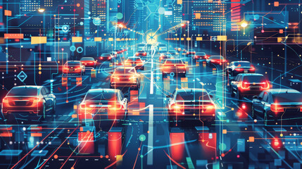 Vector illustration of a smart mobility solution, depicting a network of connected cars interacting with each other and smart city infrastructure. The scene showcases advanced automotive software and
