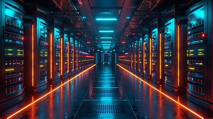 High-tech server room with rows of servers and glowing lights, highlighting the importance of data storage and management. Minimal and Simple,
