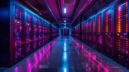 Fototapeta premium High-tech server room with rows of servers and glowing lights, highlighting the importance of data storage and management. Minimal and Simple,