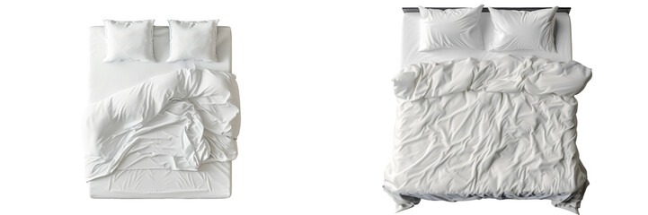 Top View of Double Bed with Headboard Set Isolated on Transparent or White Background, PNG