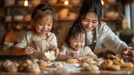 Parents and kids baking cookies together.