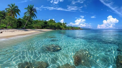 Fototapeta premium Clear blue ocean with sandy beach, tropical paradise, sunny sky