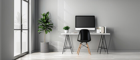 Sleek Modern Home Office with White Desk and Black Chair on Solid Light Grey Wall - Professional Workspace Concept