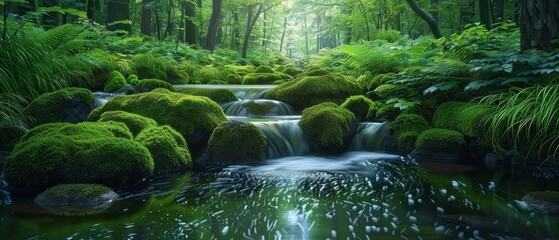 Fototapeta premium Moss-covered rocks by a stream, lush greenery, peaceful setting, copy space
