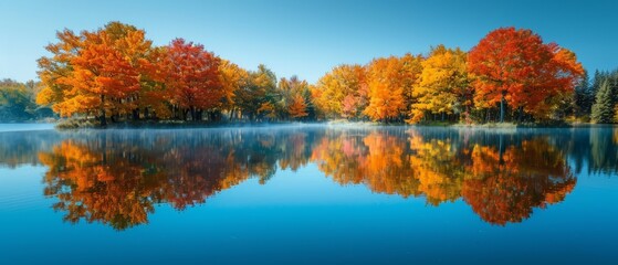 Colorful autumn trees by a lake, reflection in water, seasonal beauty, copy space