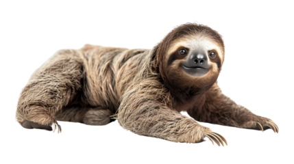 A charming sloth poses on a white background, showcasing its distinctive fur and relaxed demeanor, perfect for wildlife and nature-themed projects.on transparent background