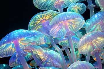 Naklejka premium A mushroom glowing with holographic on a dark background. Illustration of forest mushrooms in a bright glow. Graphic material for printing, posters, stickers