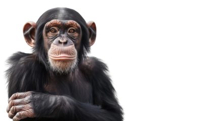 Close-up of a chimpanzee with expressive eyes and folded arms, captured against a white background, showcasing its intelligence and curiosity.on transparent background