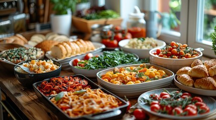 Friends having a potluck dinner, showcasing the social aspect of sharing food and creating memories together. Minimal and Simple,