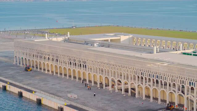 Doha, Qatar- Jan 14 2024, Aerial view of the new cruise terminal of the port of Doha, at daytime, 4k, Doha, Qatar