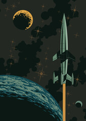 Cosmic Adventure Retro Future Style Illustration, Space Rocket, Planets, Stars. 