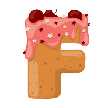 Cookie letter F which is colorful Icing. Biscuit ABC. Vector illustration isolated on a white background