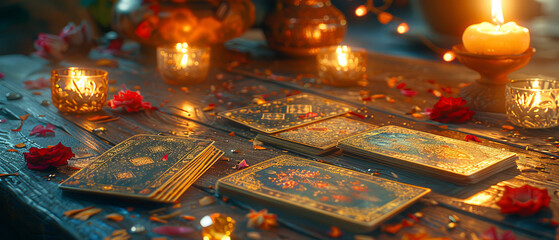 Divination with Mystical Tarot Cards in Traditional Spread with Candles and Gemstones