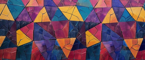 A detailed shot of a geometric mosaic, featuring small, colored tiles arranged in a complex, repeating pattern.