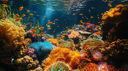 An underwater scene showcasing a vibrant coral reef, teeming with colorful fish, sea anemones, and other marine life, highlighting the beauty of aquatic ecosystems. Minimal and Simple,
