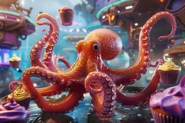 Obraz premium A charming octopus performs a juggling act with cupcakes in a vibrant, sunny scifi setting