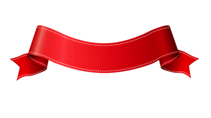 Red Ribbon Banner with White Stitching on Transparent Background for Design Use