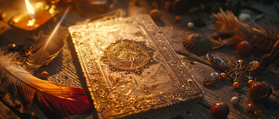 Mystical Fortune Telling Card with Ornate Design Surrounded by Symbols and Feathers