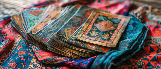 a collection of ornate tarot cards spread out on a vibrant, patterned cloth. The cards feature intricate and colorful designs, suggesting an antique or handcrafted quality. The rich colors of the clot