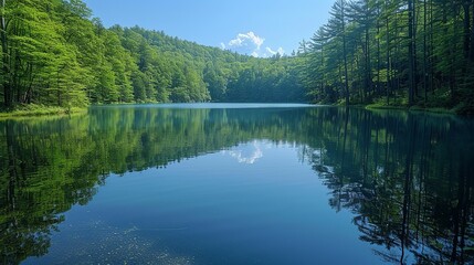 Fototapeta premium A serene lake surrounded by dense forest, with the reflection of the trees and sky creating a mirror-like surface, evoking a sense of peace and tranquility. Minimal and Simple,
