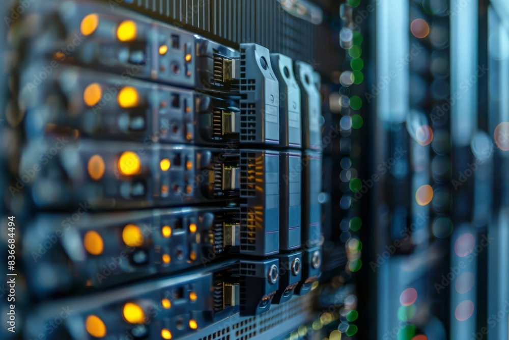 Poster advanced cloud computing closeup view of a highperformance server in operation
