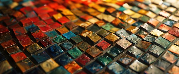A detailed shot of a geometric mosaic, featuring small, colored tiles arranged in a complex, repeating pattern.