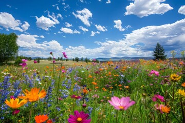 Obraz premium A wideangle view captures the vivid colors of summer flowers scattered along a serene landscape