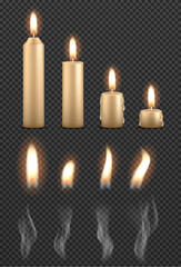 Candle fire flame isolated. Realistic candle bright flame decoration on black
