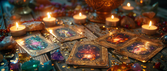 Mystical Tarot Cards Spread with Candles and Gemstones for Fortune Telling Ritual