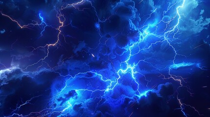 Fototapeta premium Striking electric blue lightning bolts crackle through a stormy sky in a vibrant digital illustration.