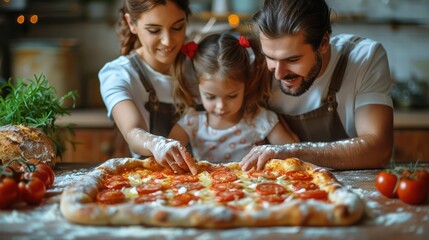 Family making a pizza together at home.