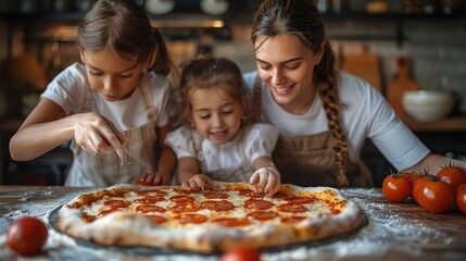 Family making a pizza together at home.