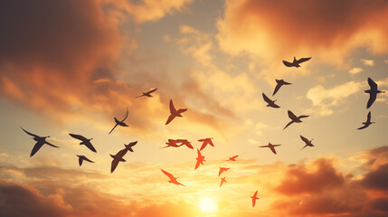 Obraz premium Birds are migrating, flying in a V shape on blue sky with sunny, Photo shot