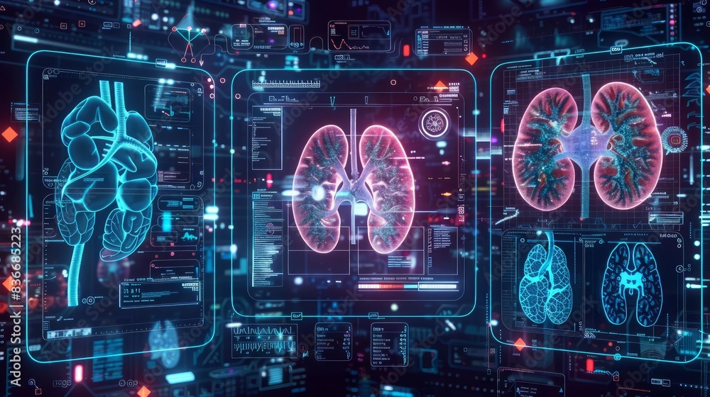 Poster an amazing nephrology dashboard with a futuristic hud display features glowing icons and detailed ki