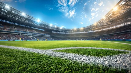 Fototapeta premium An intense soccer match unfolds in a grand arena, with the green grass contrasting sharply against the expansive blue sky