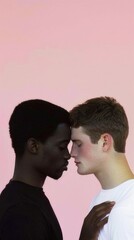 Two men in a close embrace against a pink background