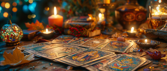 Mystical Fortune Telling Cards Spread on Table with Magical Artifacts and Candles