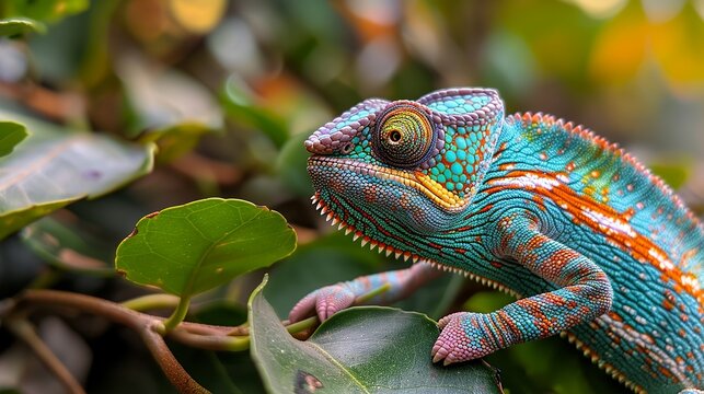 A close-up of a chameleon blending into its surroundings, with its vivid colors and patterns changing to match the leaves and branches. Minimal and Simple,