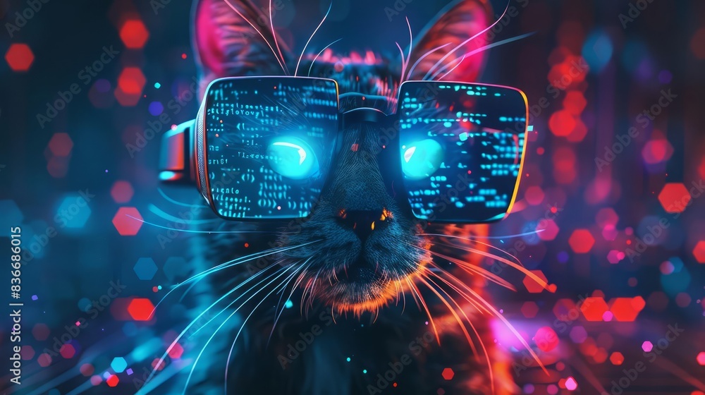 Poster cyber cat coder an adorable feline wearing vr goggles, hacking in a digital cyberspace environment