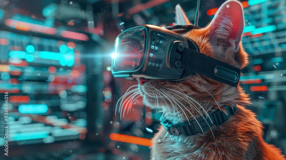 Poster cyber cat coder an adorable feline wearing vr goggles, hacking in a digital cyberspace environment