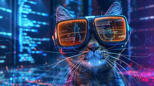 Cyber cat coder An adorable feline wearing VR goggles, hacking in a digital cyberspace environment