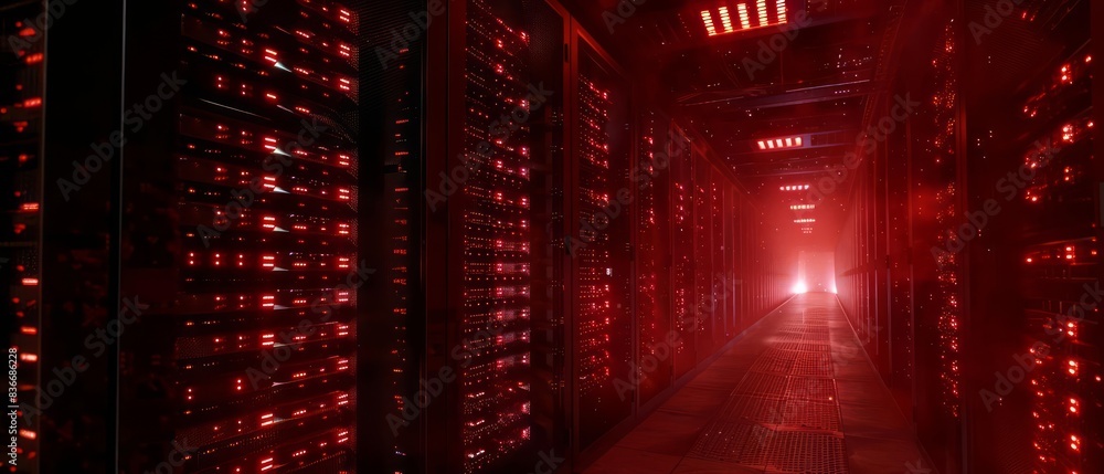 Poster data center panorama wideangle view of operational rack servers with red emergency led lights blinki